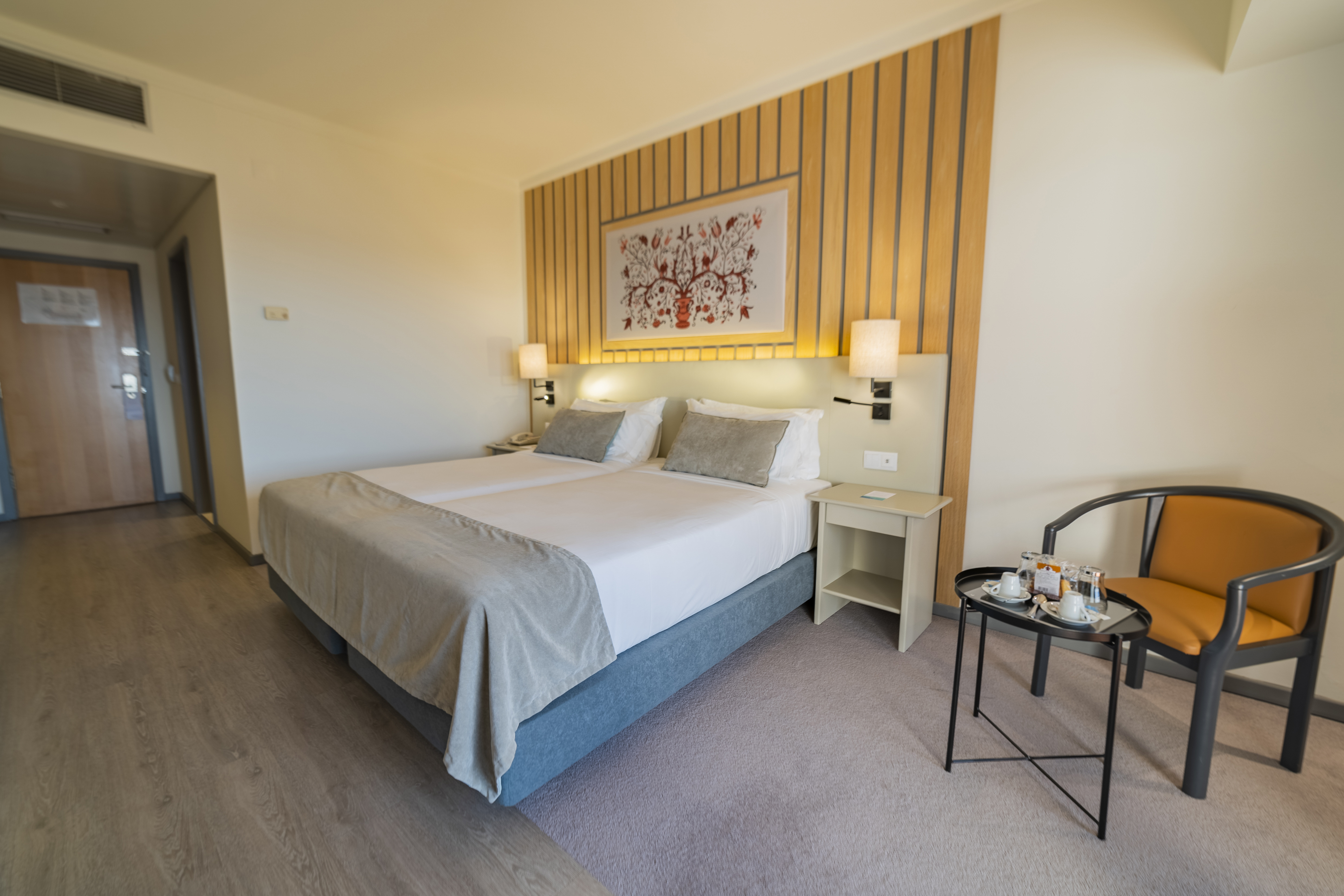 A street view bright and spacious room with elegant and classic furniture. Equipped with two single beds or a double bed, a lounge area, a desk with a chair, balcony and a bathroom with a bathtub and amenities. Area: 17 m²